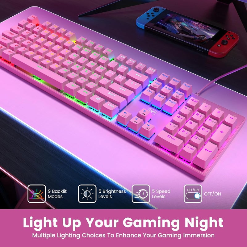 RisoPhy Mechanical Gaming Keyboard, RGB 104 Keys Ultra-Slim Backlit USB Wired Keyboard with Blue Switch, Durable ABS Keycap/Anti-Ghosting/Spill-Resistant Mechanical Keyboards for PC Mac Xbox Game,Pink - Image 2
